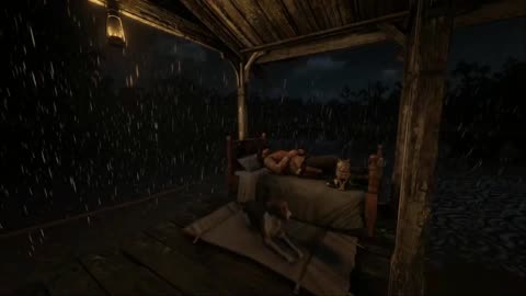 Relaxing Thunderstorm ASMR | Cozy Porch Bed Sleep with Dog & Cat in RDR2