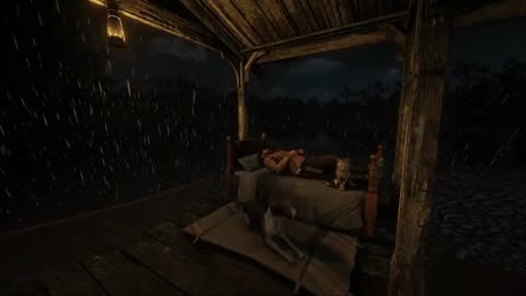 Relaxing Thunderstorm ASMR | Cozy Porch Bed Sleep with Dog & Cat in RDR2