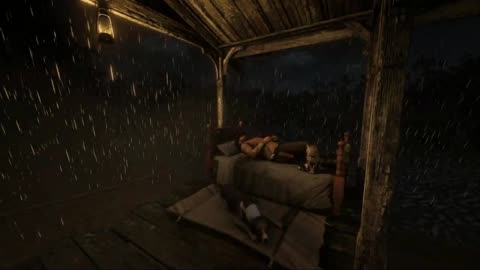 Relaxing Thunderstorm ASMR | Cozy Porch Bed Sleep with Dog & Cat in RDR2