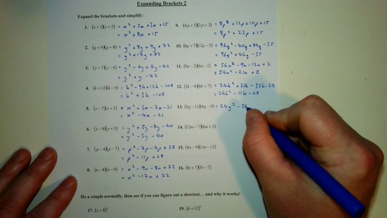 Expanding Brackets 2 - Solutions