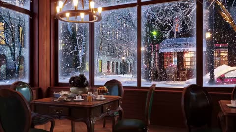 Snowy Night at Coffee Shop Ambience with Relaxing Smooth Jazz