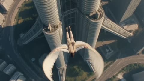 Guy trying Wright Brothers Wings from Petronas Towers