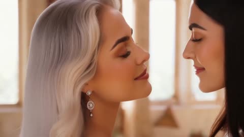 An older woman and her young girlfriend share an intimate and sensual kiss