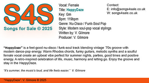 HappyDaze (Key Gm) 119bpm (2025) S4S (Songs 4 Sale) for Female Vocal
