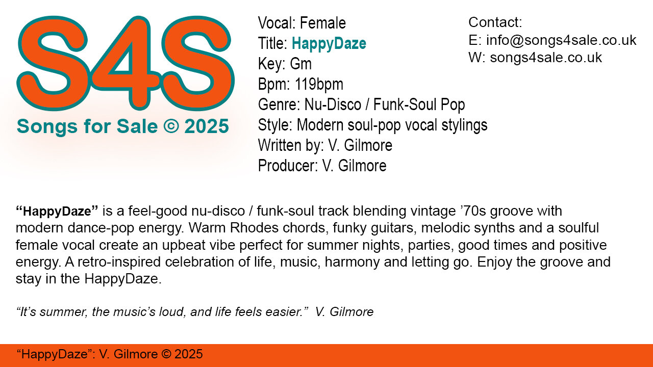 HappyDaze (Key Gm) 119bpm (2025) S4S (Songs 4 Sale) for Female Vocal