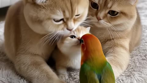 Cat Family Meets a Parrot and the Kittens are Loving it