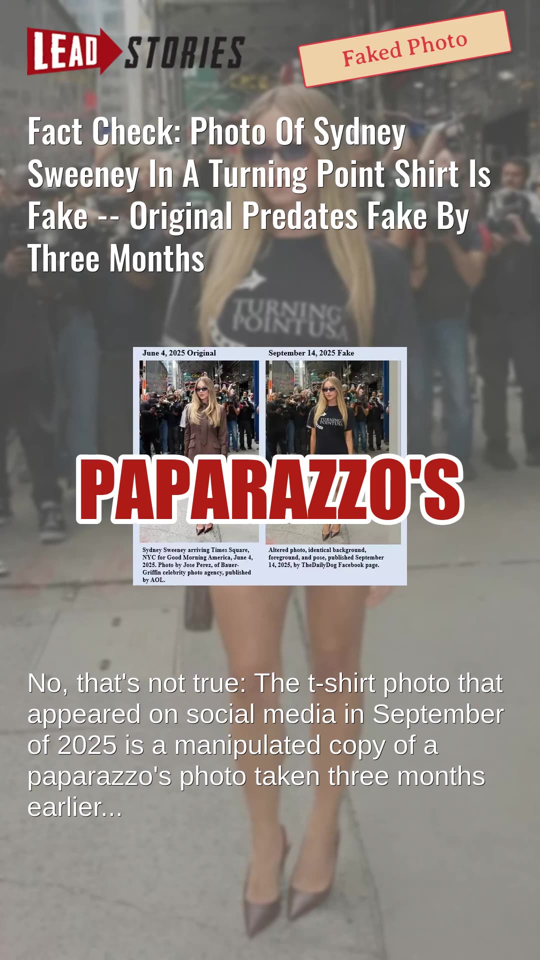 Fact Check: Photo Of Sydney Sweeney In A Turning Point Shirt Is Fake -- Original Three Months Old