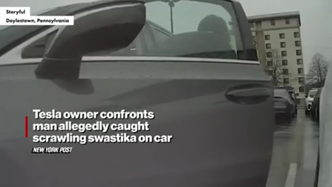 I AM THORRY 卐 TESLA OWNER CONFRONTS MAN ALLEGEDLY CAUGHT SCRAWLING SWASTIKA ON CAR