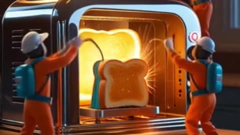 Tiny Workers Inside a Giant Glowing Toaster Launching Bread Like Rockets