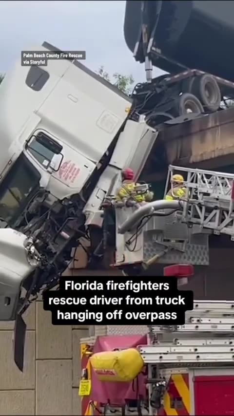 Florida firefighters rescue driver from truck hanging off overpass