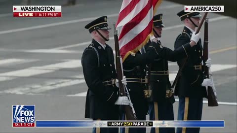President Donald J. Trump salutes the national anthem at the Army's 250th anniversary.
