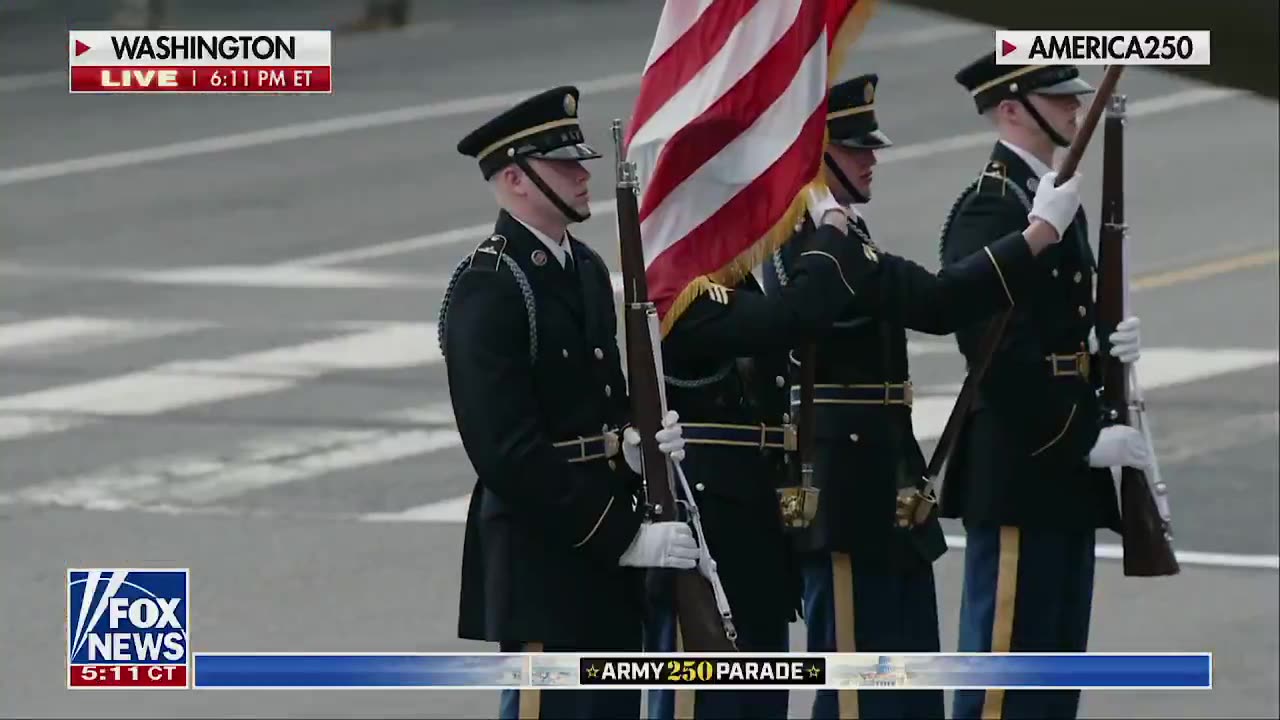 President Donald J. Trump salutes the national anthem at the Army's 250th anniversary.