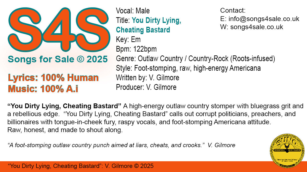 You Dirty Lying, Cheating Bastard (Key Em) 122bpm (2025) S4S (Songs 4 Sale) for Male Vocal