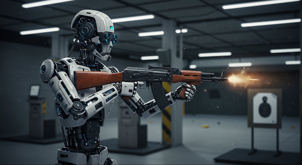 Ai Robot with a Ak-47 Gun shooting in a shooting Range