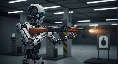 Ai Robot with a Ak-47 Gun shooting in a shooting Range