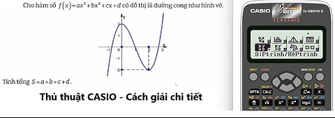 Thủ thuật CASIO: Cho hàm số f(x) = ax^3 + bx^2 + cx + d có đồ thị là đường cong như. Tính a+b+c+d