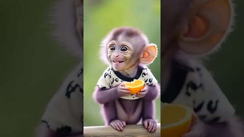 Baby monkey eating orange so deliciously!