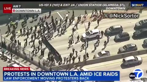 Protesters entering the 101 freeway in Los Angeles