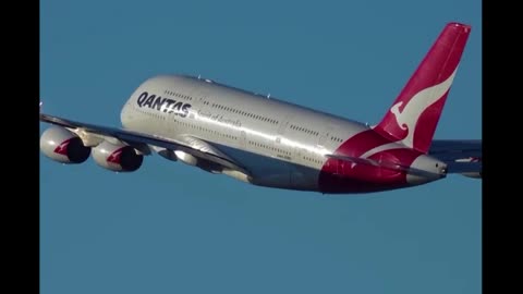 Takeoff of the Airbus A380 of Qantas airline at Sydney airport, Australia