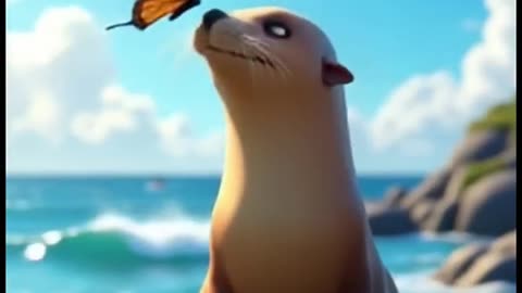 Playful Cartoon Sea Lion by the Ocean