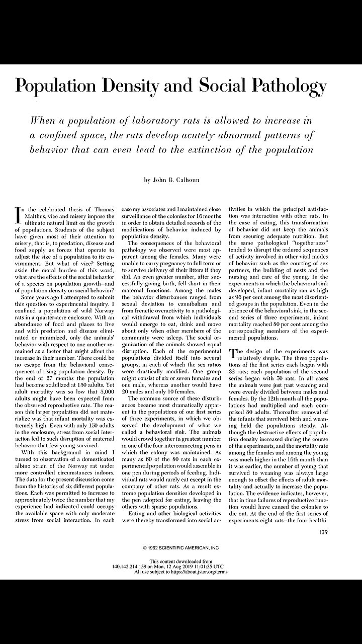Population Density and Social Pathology. J B Calhoun, 1962. A Puke(TM) Audiopaper