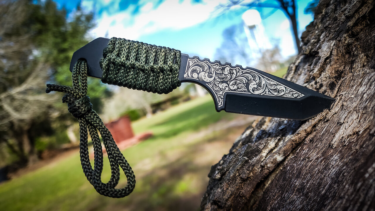 Tactical Knife Handdrawn Scrollwork Engraving timelapse video