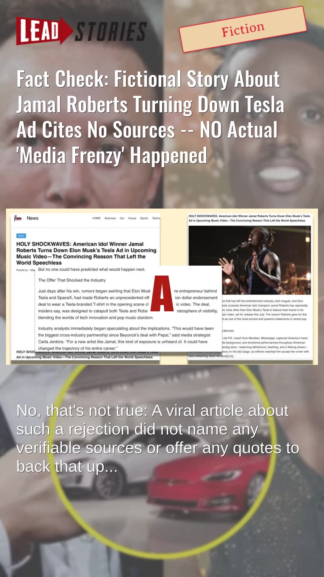 Fact Check: Fictional Story About Jamal Roberts Turning Down Tesla Ad Cites No Sources