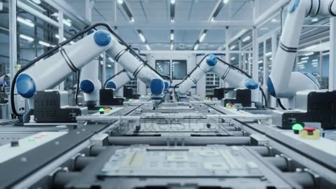 Automated Robotic Arms Assembling Circuit Boards on a Conveyor.