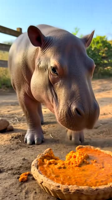 Baby Hippopotamus eating Pumpkin Pie