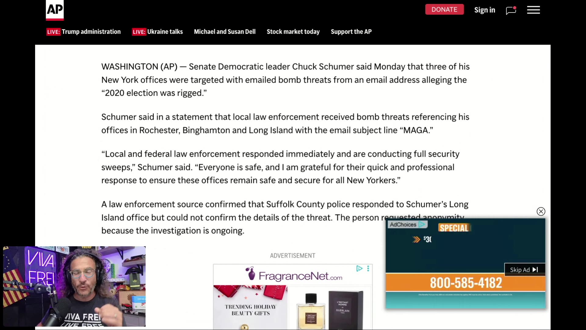 Senator Chuck Schumers THREE Offices Subject to BOMB THREATS? Question: WHY DOES HE HAVE 3 OFFICES?