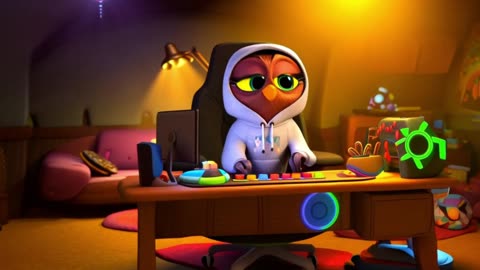 Gamer Owl Victory: Big-Eyed Owl in Hoodie Wins the Game!