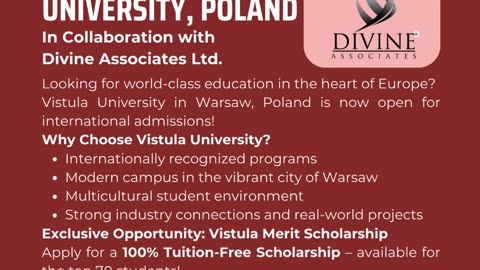 Secure Your 100% Scholarship at Vistula University with Divine Associates Ltd
