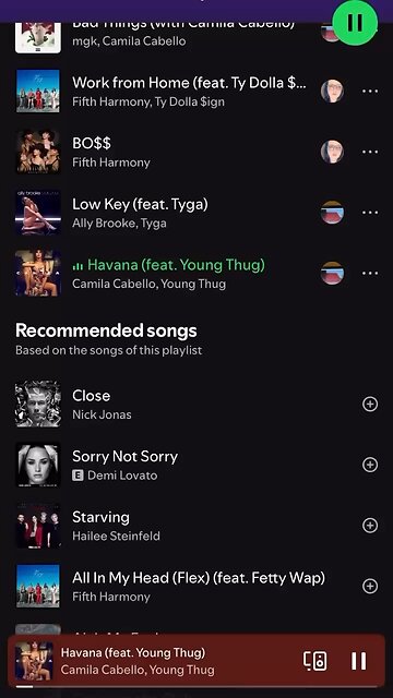 I just added a new song to my Spotify playlist harmony tunes, the song is Havana Camila Cabello