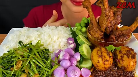 MUKBANG EATING||SPICY DUCK CURRY, DUCK EGG, STIR FRY GREEN AMARANTH LEAVES & WHITE RICE