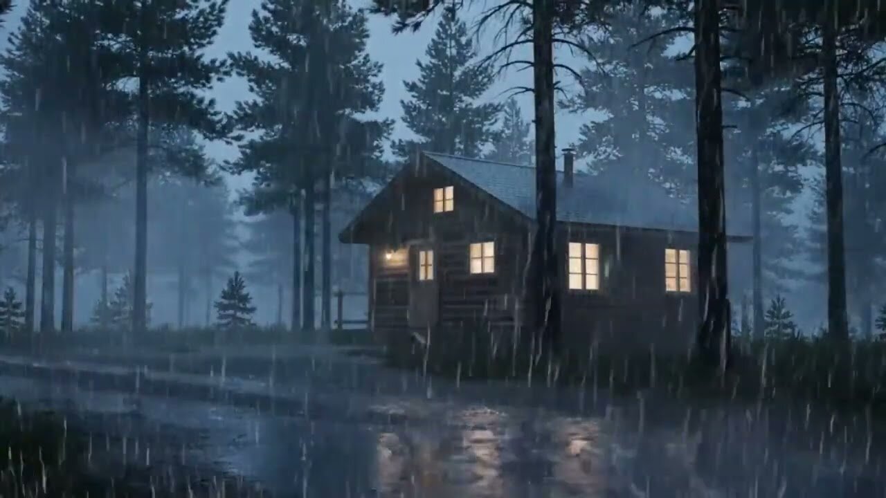 8 hours of heavy rain for sleeping, relaxing, and peaceful nighttime rest.