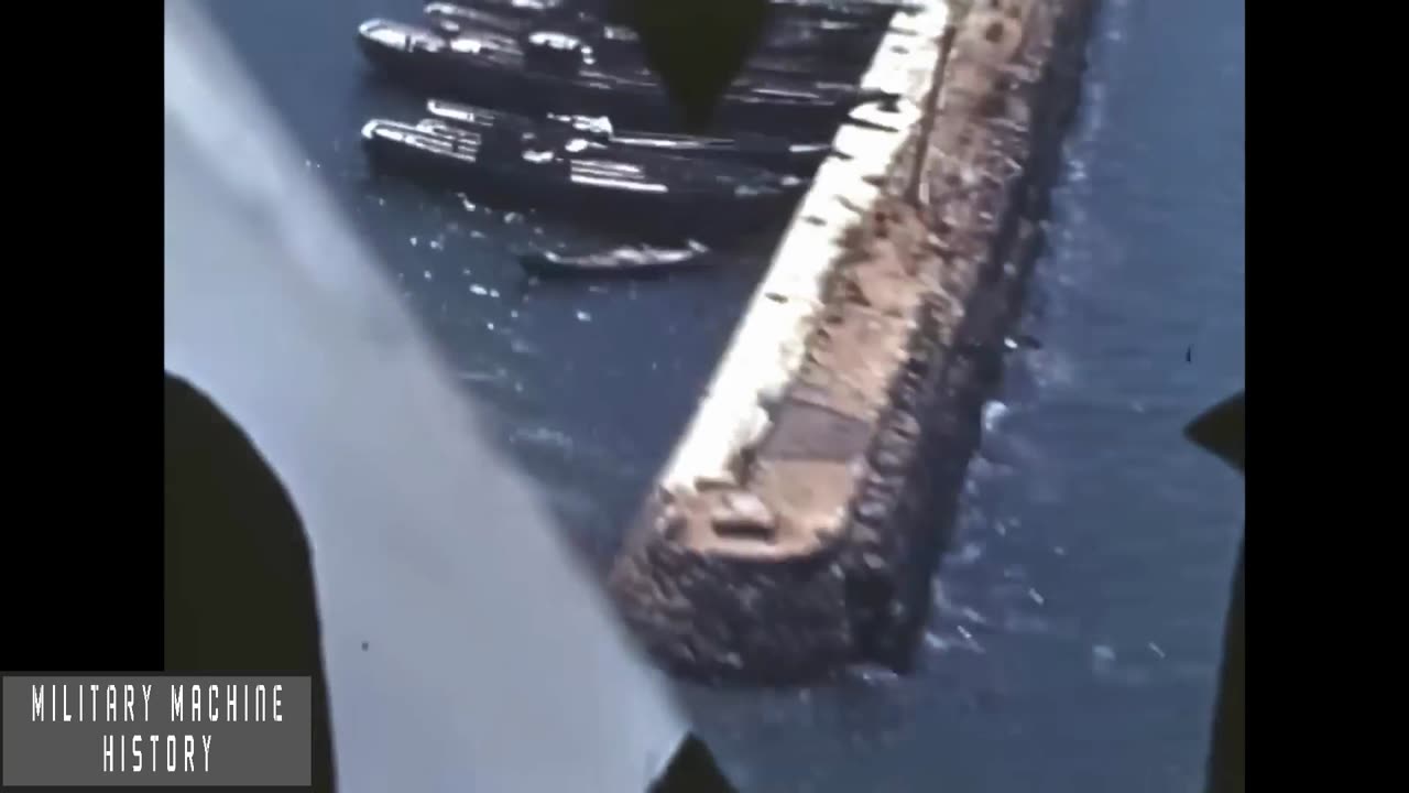 Gun Camera, PBM flying boat strafes train and ships in the Pacific