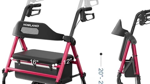 Foldable Rollator Walkers with Seat for Seniors, 8'' Big Wheels, 350 lb. Weight Capacity,