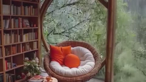 Resort Lounge Reading Nook with Wicker Chair.