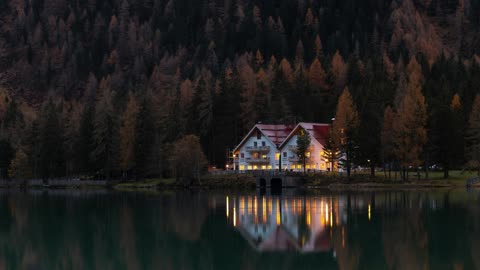 Enchant Your TV with a Magical Night Forest Cabin – 2K Background