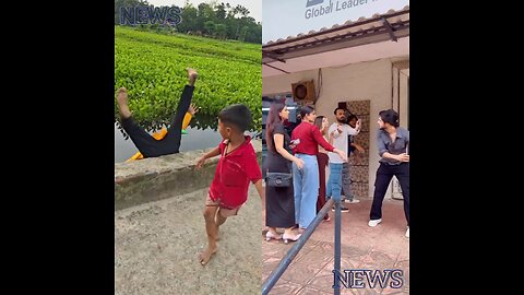 A child kicks a man into water. Others mistake the door for a toilet and stand in front. News News