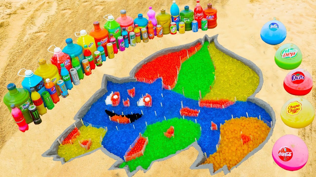 How to make Rainbow Bulbasaur in Pokemon with Orbeez, Balloons of Fanta, Coca Cola, Mentos & Sodas