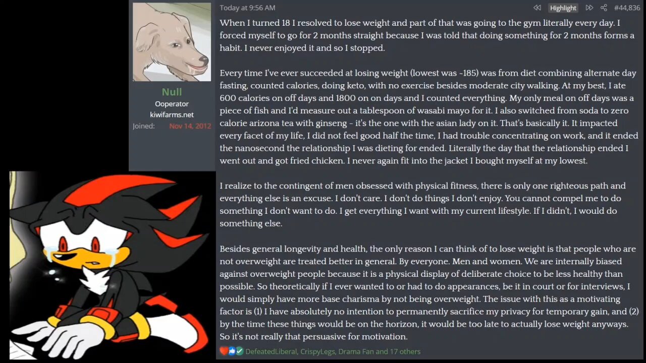 Shadow the Hedgehog reads Josh Moon's diet and exercise post
