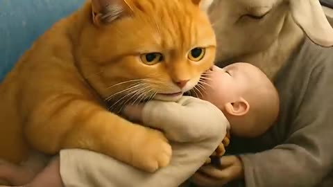 Orange cat with baby story video cartoon ai animation animal goat