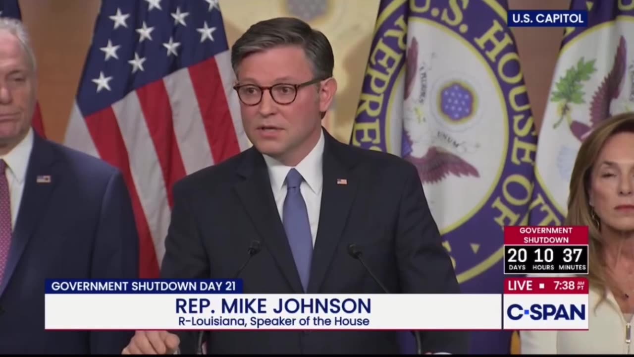 Mike Johnson glitches out and blames No Kings protest after J6er threatens Dem leader