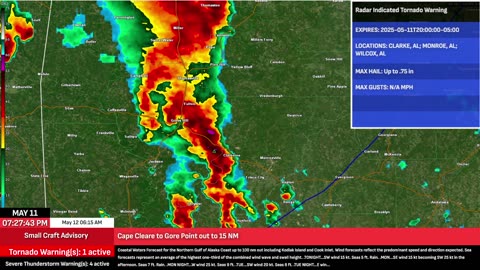 🚨 LIVE: Tornado Warning – Monroe, Clarke, Wilcox AL | EAS Activated | May 11, 2025