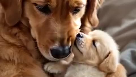 "Heartwarming: Golden Retriever Mom Cuddles Her Puppy 💕🐶 | Adorable Dog Video for Dog Lovers!"