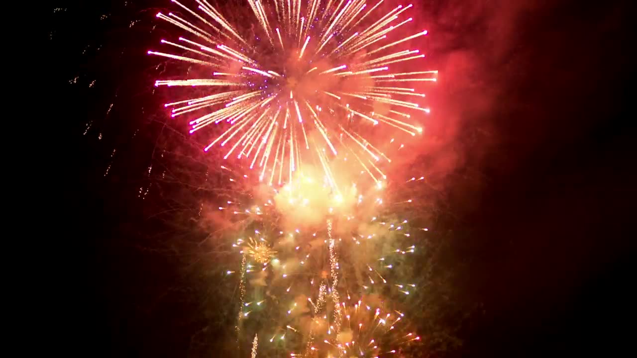 Beautiful fireworks at night rising from the bottom of the video.