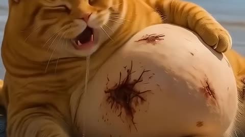 Orange cat fight with a shark. Ai cartoon orange fat cat funny video