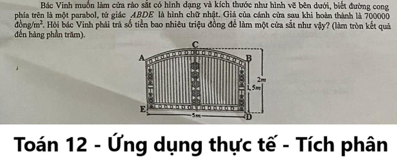 Toán 12: Bác Vinh muốn làm cửa rào sắt có hình dạng và kích thước như hình vẽ bên dưới, biết đường