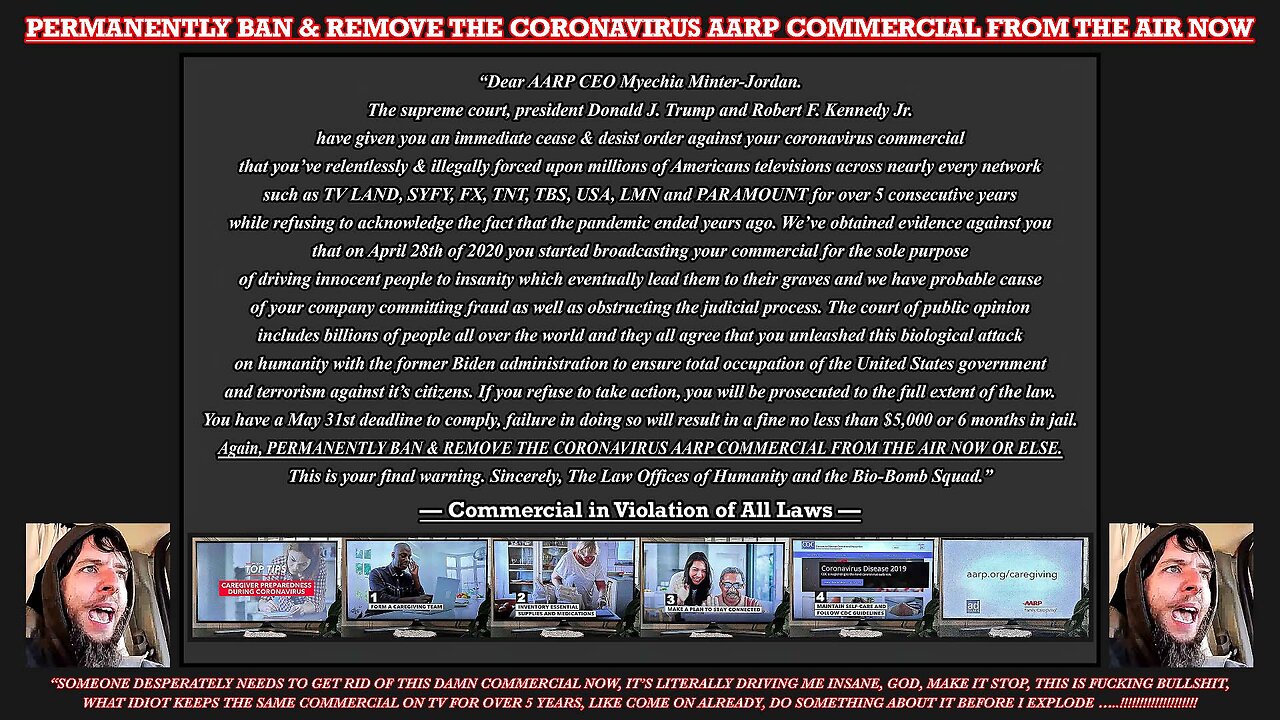 PERMANENTLY BAN & REMOVE THE CORONAVIRUS AARP COMMERCIAL FROM THE AIR NOW